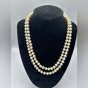 35" Cultured Saltwater 7mm Knotted Pearl Necklace with 14k Gold Fish-Eye Clasp